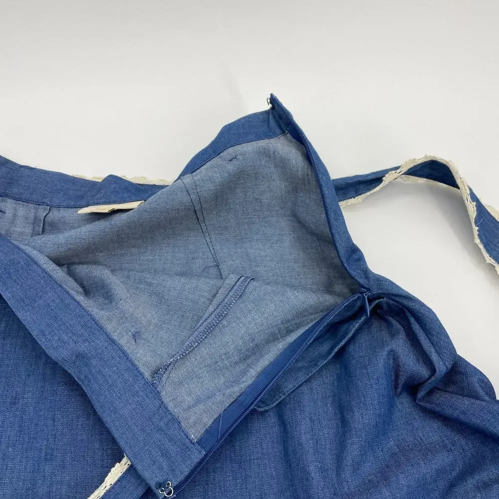 MODCLOTH Chambray Skirt Women's Size S Mini Ruffle Self Tie Belt A-Line Pockets
